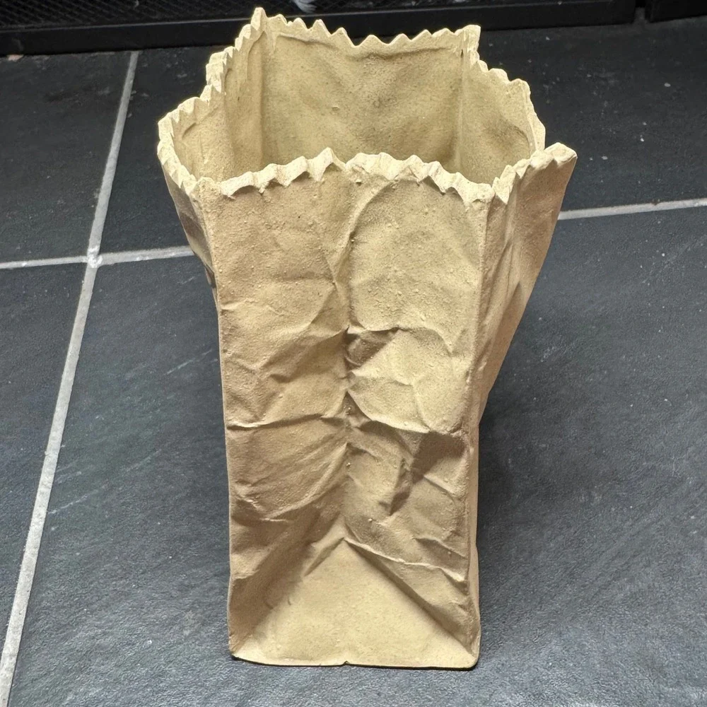 Ceramic Brown Paper‎ Bag Vase Trompe L'oeil Sculptural Planter Tan Decor 6 Inch